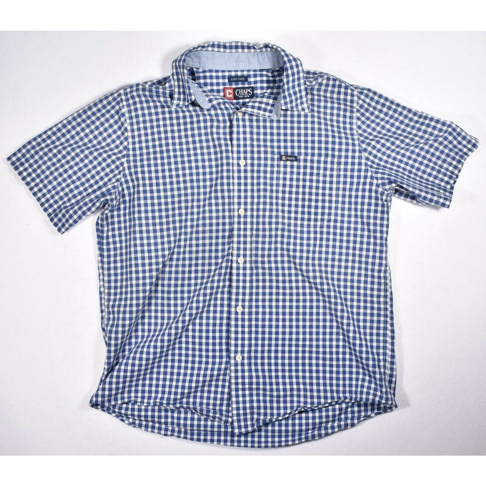 Chaps Polo Shirt Mens Size Large Blue Cowboy Cut Checkered Short Sleeve